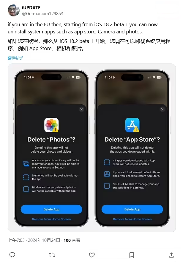 洞口苹果手机维修分享iOS 18.2 支持删除 App Store 应用商店 